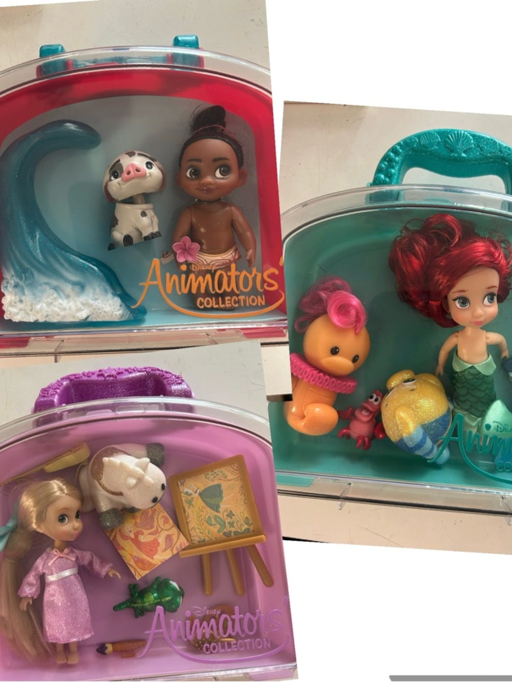 Lot 3 Disney Animators Collection Dolls Mini Play Set Cases Ariel Incomplete